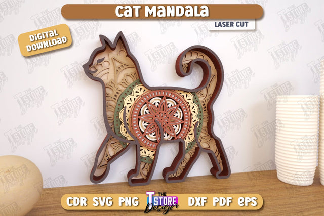 Cat Mandala Laser Cut | Home Décor | Wall Art | Mandala of Patterns | Wall Décor | CNC Files SVG The T Store Design 