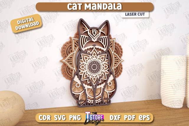 Cat Mandala Laser Cut | Home Décor | Wall Art | Mandala of Patterns | Wall Décor | CNC Files SVG The T Store Design 