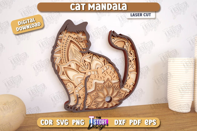 Cat Mandala Laser Cut | Home Décor | Wall Art | Mandala of Patterns | Wall Décor | CNC Files SVG The T Store Design 