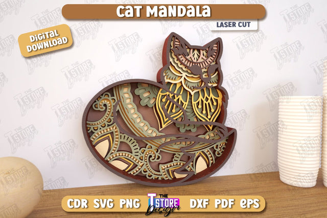 Cat Mandala Laser Cut | Home Décor | Wall Art | Mandala of Patterns | Wall Décor | CNC Files SVG The T Store Design 