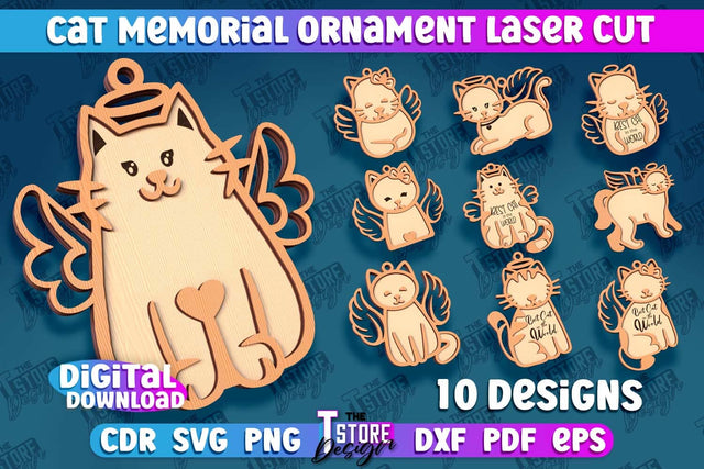 Cat Memorial Ornament Design Bundle | Cat Angels Wings | Cat Silhouette Laser Cut | CNC File SVG The T Store Design 