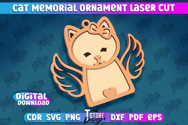 Cat Memorial Ornament Design | Cat Angels Wings | Cat Silhouette Laser Cut | CNC File SVG The T Store Design 