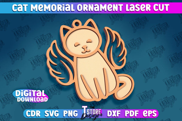 Cat Memorial Ornament Design | Cat Angels Wings | Cat Silhouette Laser Cut | CNC File SVG The T Store Design 