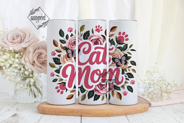Cat Mom Floral 20oz Tumbler Wrap Sublimation sassyprint 
