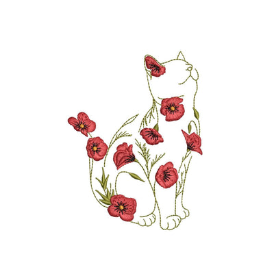 Cat Outline Machine Embroidery Design with Red Poppy Flowers Digital Download Files for Sewing Embroidery/Applique DESIGNS Nino Nadaraia 