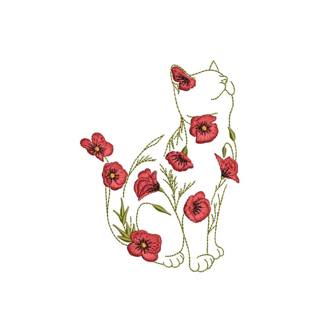 Cat Outline Machine Embroidery Design with Red Poppy Flowers Digital Download Files for Sewing Embroidery/Applique DESIGNS Nino Nadaraia 