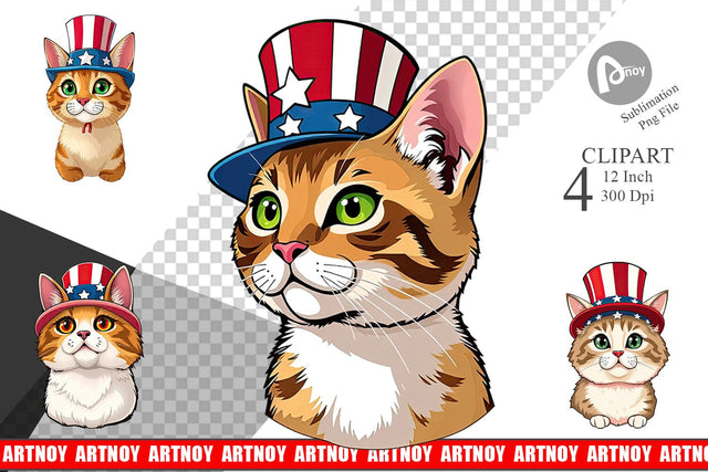 Cat Patriotic Clipart Sublimation artnoy 