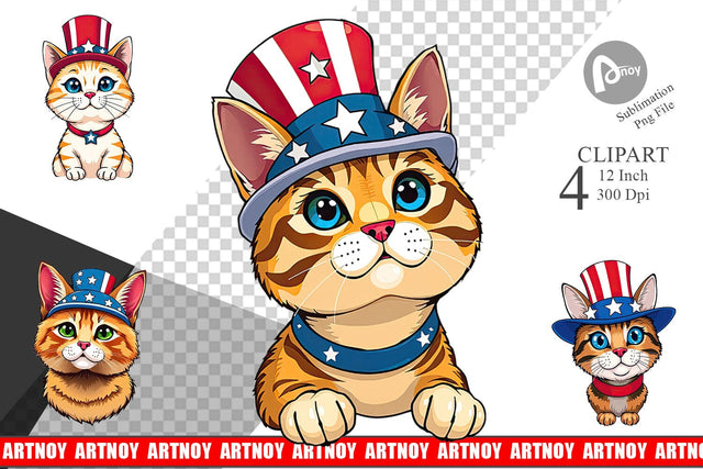 Cat Patriotic Clipart Sublimation artnoy 