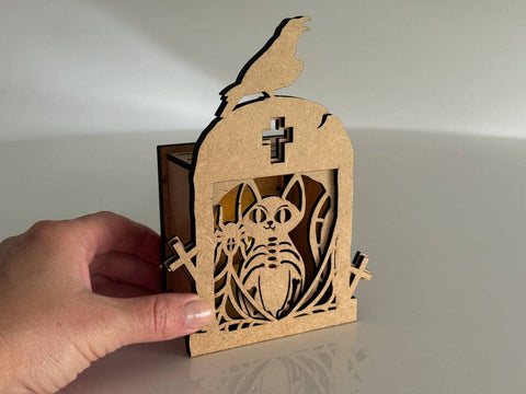 Cat & Raven Tombstone Candle Holder SVG | Halloween Lantern Laser Cut File | Spooky Tea Light Box SVG LaserCutano 