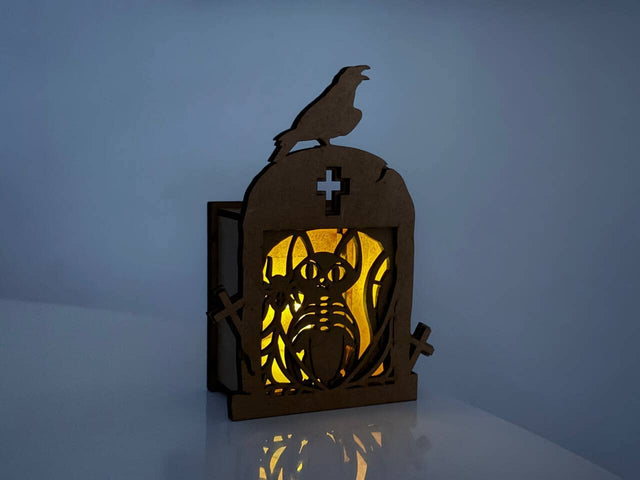 Cat & Raven Tombstone Candle Holder SVG | Halloween Lantern Laser Cut File | Spooky Tea Light Box SVG LaserCutano 