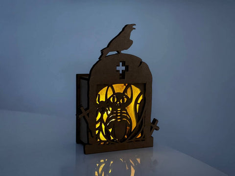 Cat & Raven Tombstone Candle Holder SVG | Halloween Lantern Laser Cut File | Spooky Tea Light Box SVG LaserCutano 