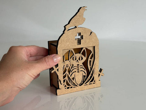 Cat & Raven Tombstone Candle Holder SVG | Halloween Lantern Laser Cut File | Spooky Tea Light Box SVG LaserCutano 