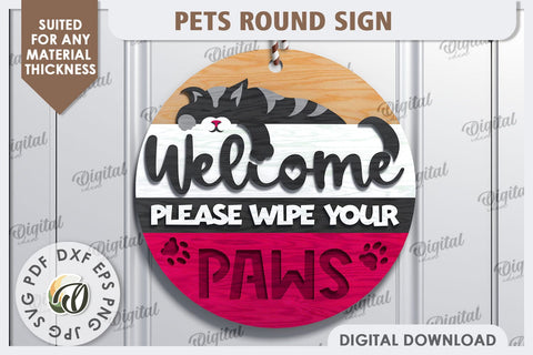 Cat Round Sign Laser Cut Design. Welcome Door Hanger SVG SVG Evgenyia Guschina 