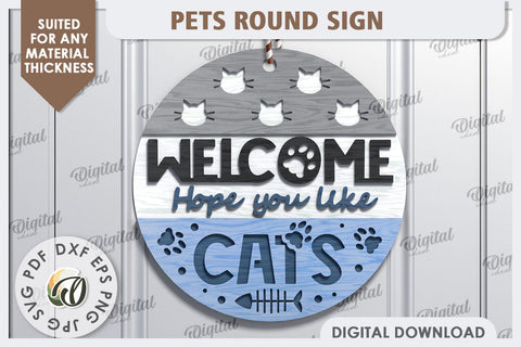 Cat Round Sign Laser Cut Design. Welcome Door Hanger SVG SVG Evgenyia Guschina 