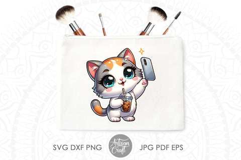 Cat selfie ,cute cat clipart, ice coffee cup Sublimation Artisan Craft SVG 