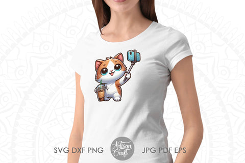 Cat selfie ,cute cat clipart, ice coffee cup Sublimation Artisan Craft SVG 