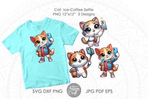 Cat selfie ,cute cat clipart, ice coffee cup Sublimation Artisan Craft SVG 