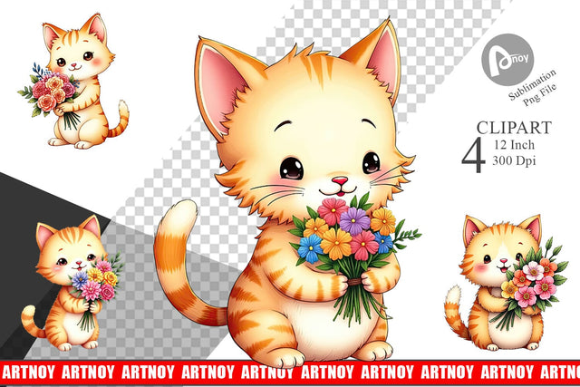 Cat Spring Bouquet Clipart Sublimation artnoy 