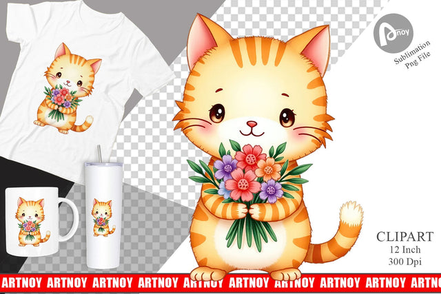 Cat Spring Bouquet Clipart Sublimation artnoy 