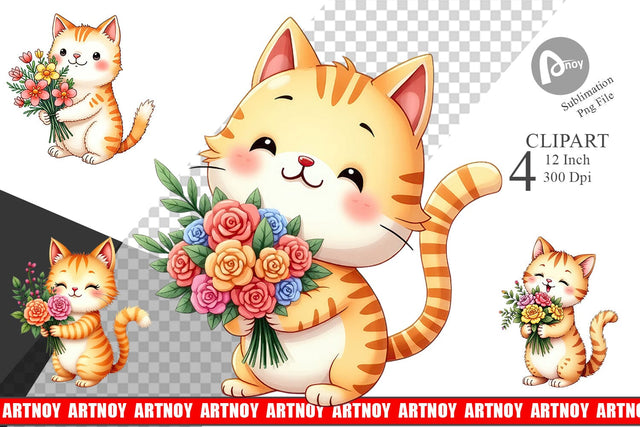 Cat Spring Bouquet Clipart Sublimation artnoy 