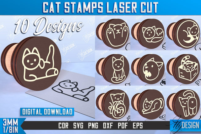 Cat Stamp Laser Cut Bundle | Teacher’s Stamp | Wooden Stamp | Children's Design | CNC File SVG Fly Design 