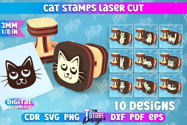 Cat Stamps Laser Cut Bundle | Teacher’s Stamp | Wooden Stamp | Children's Design | CNC File SVG The T Store Design 