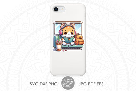 Cat stickers | Cute Cat Reading | cat with headphones Digital Pattern Artisan Craft SVG 