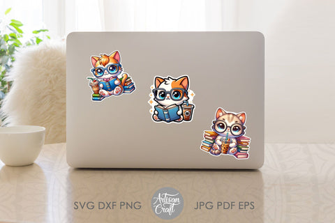 Cat stickers | Cute Cat Reading | cat with headphones Digital Pattern Artisan Craft SVG 
