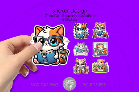 Cat stickers | Cute Cat Reading | cat with headphones Digital Pattern Artisan Craft SVG 