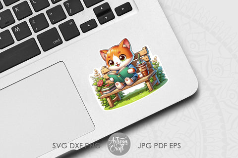 Cat stickers | Cute Cat Reading | cat with headphones Digital Pattern Artisan Craft SVG 