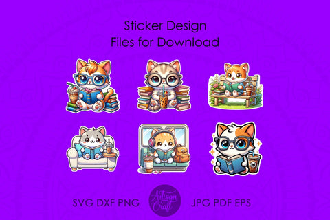 Cat stickers | Cute Cat Reading | cat with headphones Digital Pattern Artisan Craft SVG 