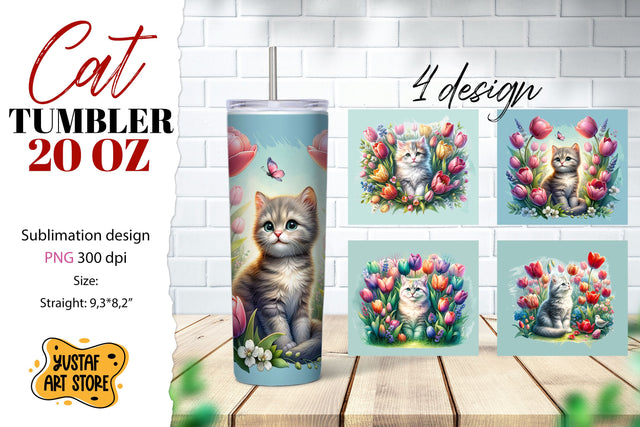 Cat tumbler wrap. Cute cat in flowers sublimation 4 design Sublimation Yustaf Art Store 