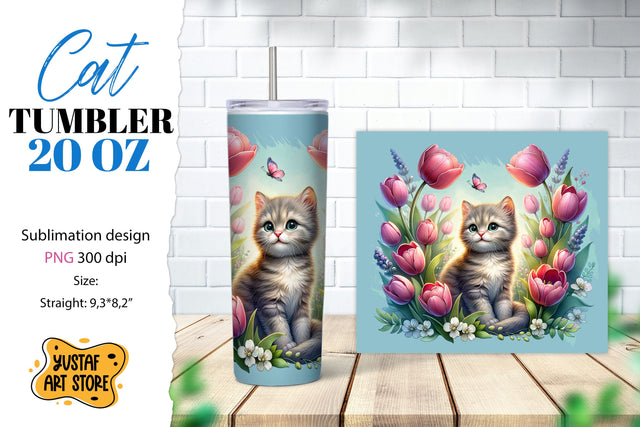 Cat tumbler wrap. Cute cat in flowers sublimation design PNG Sublimation Yustaf Art Store 