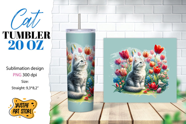 Cat tumbler wrap. Cute cat in flowers sublimation design PNG Sublimation Yustaf Art Store 