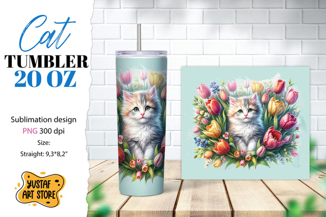 Cat tumbler wrap. Cute cat in flowers sublimation design PNG Sublimation Yustaf Art Store 