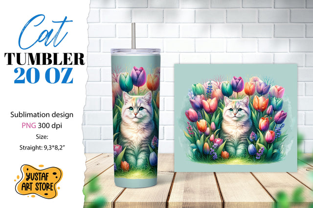 Cat tumbler wrap. Cute cat in flowers sublimation design PNG Sublimation Yustaf Art Store 