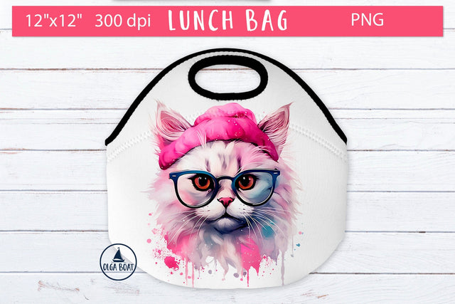 Cat with glasses watercolor drawing | Lunch Bag sublimation Sublimation Olga Boat Design 