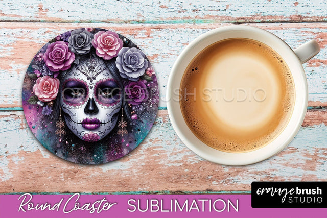 Catrina Coaster - Halloween Round Coaster, Day of the Dead Sublimation OrangeBrushStudio 