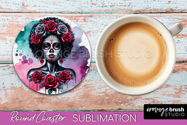 Catrina Coaster - Halloween Round Coaster, Day of the Dead Sublimation OrangeBrushStudio 