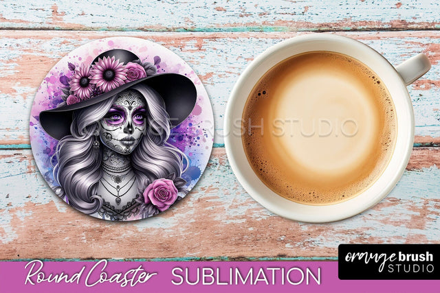 Catrina Coaster - Halloween Round Coaster, Day of the Dead Sublimation OrangeBrushStudio 