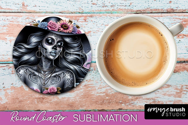 Catrina Coaster - Halloween Round Coaster, Day of the Dead Sublimation OrangeBrushStudio 