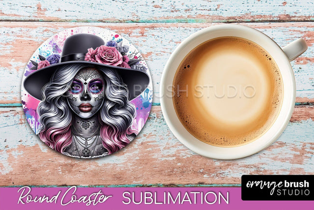 Catrina Coaster - Halloween Round Coaster, Day of the Dead Sublimation OrangeBrushStudio 