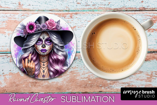 Catrina Coaster - Halloween Round Coaster, Day of the Dead Sublimation OrangeBrushStudio 