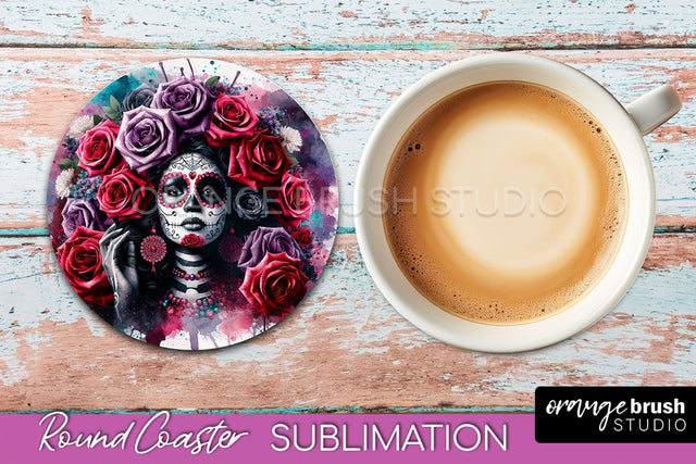 Catrina Coaster - Halloween Round Coaster, Day of the Dead Sublimation OrangeBrushStudio 