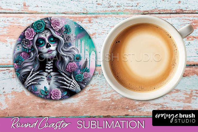 Catrina Coaster - Halloween Round Coaster, Day of the Dead Sublimation OrangeBrushStudio 