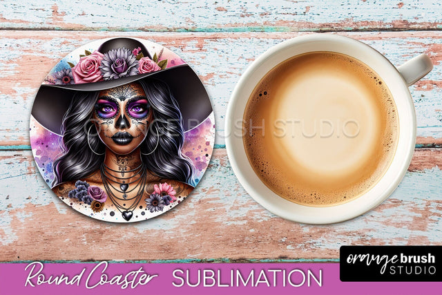 Catrina Coaster - Halloween Round Coaster, Day of the Dead Sublimation OrangeBrushStudio 