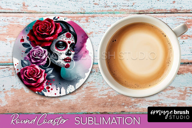 Catrina Coaster - Halloween Round Coaster, Day of the Dead Sublimation OrangeBrushStudio 