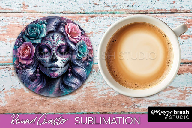 Catrina Coaster - Halloween Round Coaster, Day of the Dead Sublimation OrangeBrushStudio 