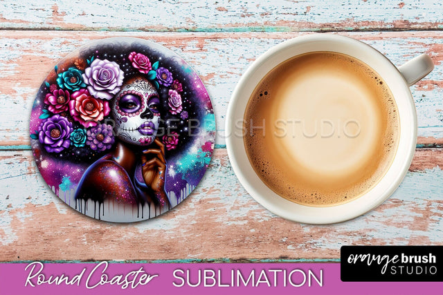 Catrina Coaster - Halloween Round Coaster, Day of the Dead Sublimation OrangeBrushStudio 
