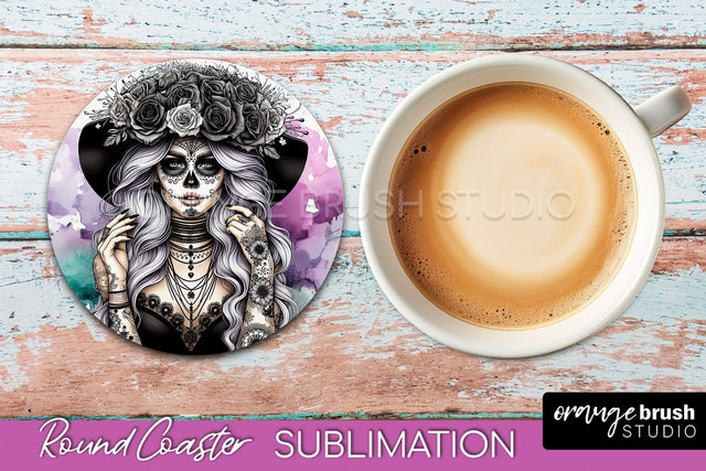 Catrina Coaster - Halloween Round Coaster, Day of the Dead Sublimation OrangeBrushStudio 